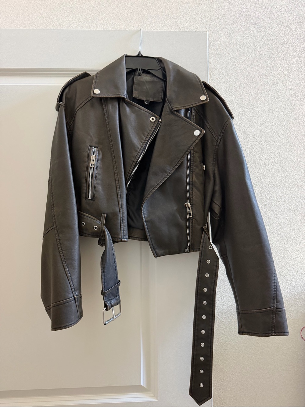 Womens Black Faux Leather Biker Jacket - Classic Cropped Style